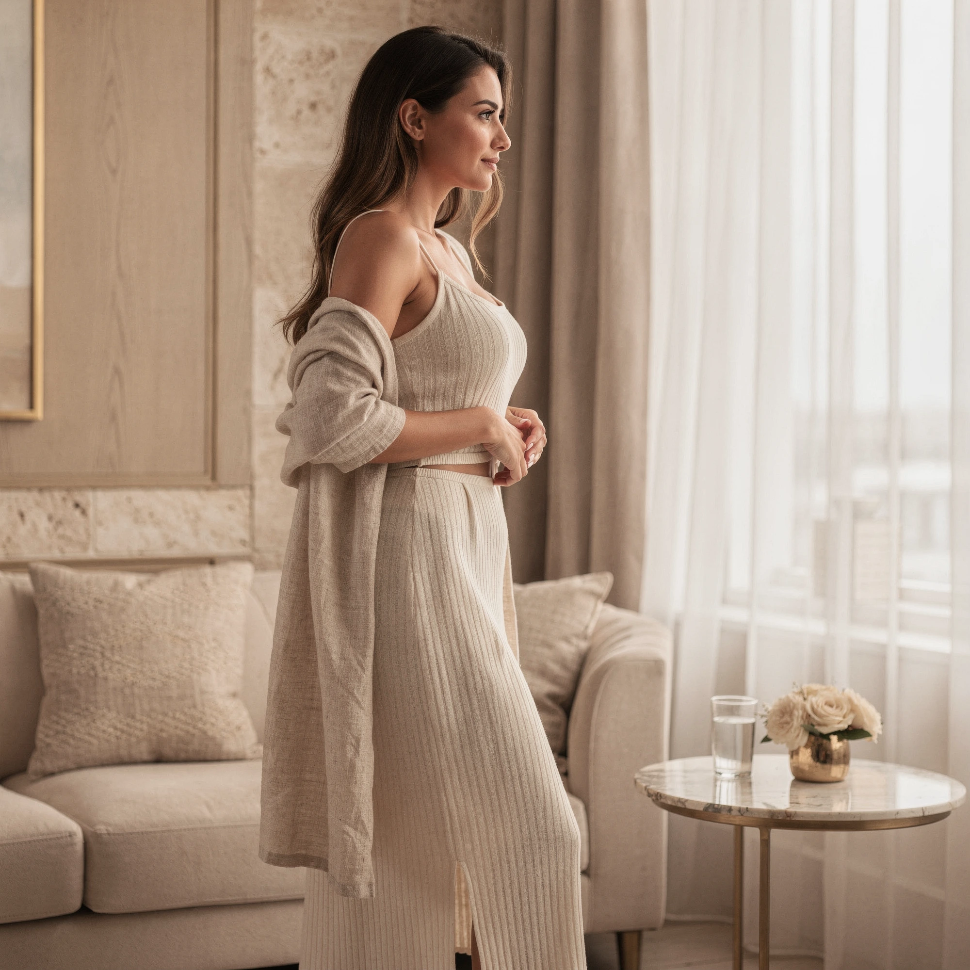 Woman in profile standing in a modern bedroom, wearing a beige knit dress and cardigan